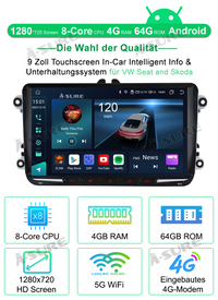 9 Zoll 4+64GB Autoradio Octa-Core Android 13 für VW GOLF 5 6 PASSAT Tiguan Polo Sharan ChatGPT 4G WIFI GPS Navi