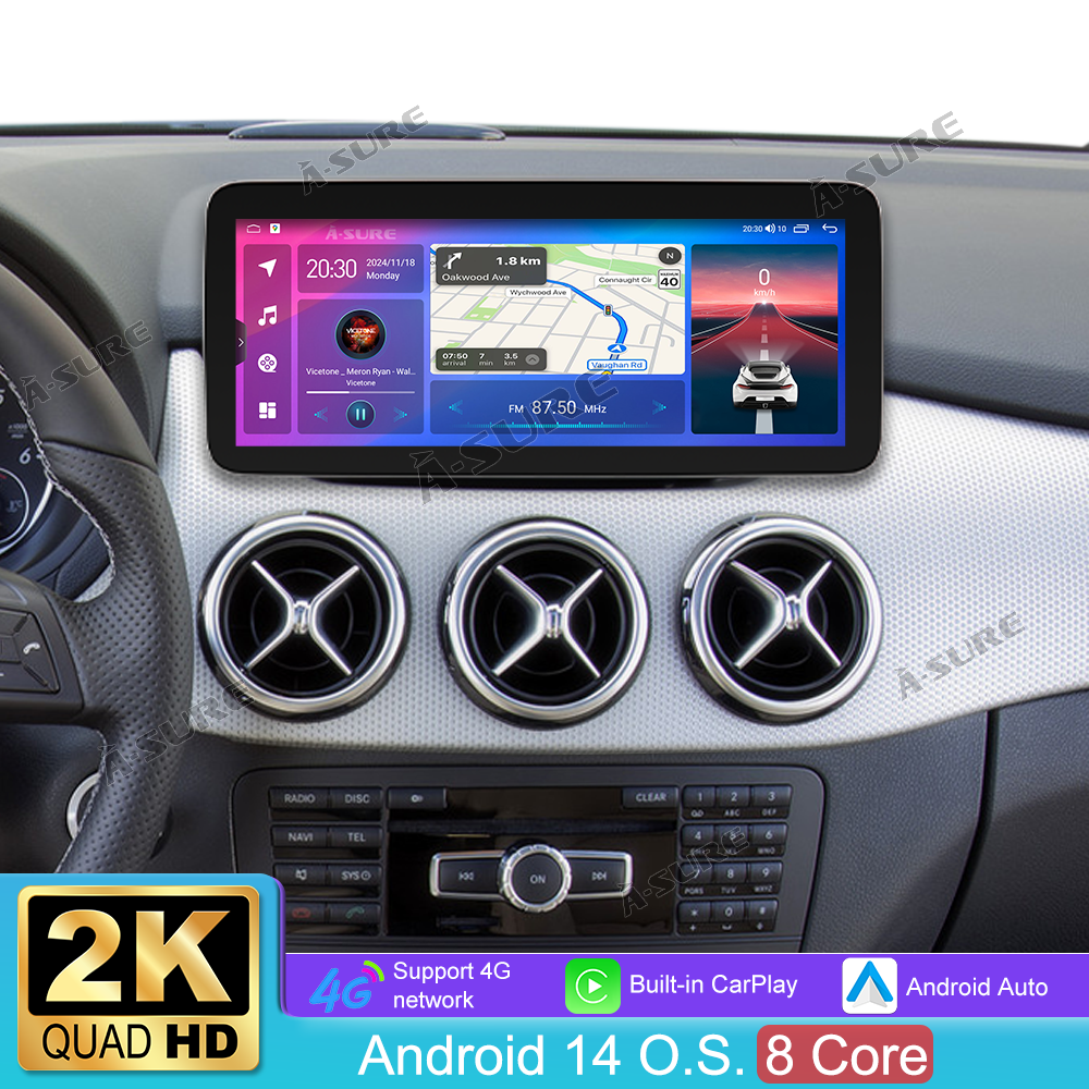 12,3 Zoll 8-Kern 4+64GB Autoradio für MERCEDES BENZ B-Class W246 2012-2014 (NGT 4.5), Android 14 2K IPS Touchscreen kabelloses CarPlay Android Auto GPS-Navigation Bluetooth Wi-Fi 4G LTE Lenkradsteuerung DSP FM RDS USB