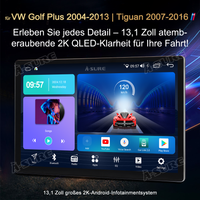 13,1 Zoll 8-Kern 4+64GB Android 14 Autoradio für VW Golf Plus 2004-2013/VW Tiguan 2007-2016, 2K QLED IPS Touchscreen kabelloses CarPlay Android Auto 4G LTE GPS-Navigation Bluetooth 5.0 Wi-Fi DSP FM RDS Rückfahrkamera