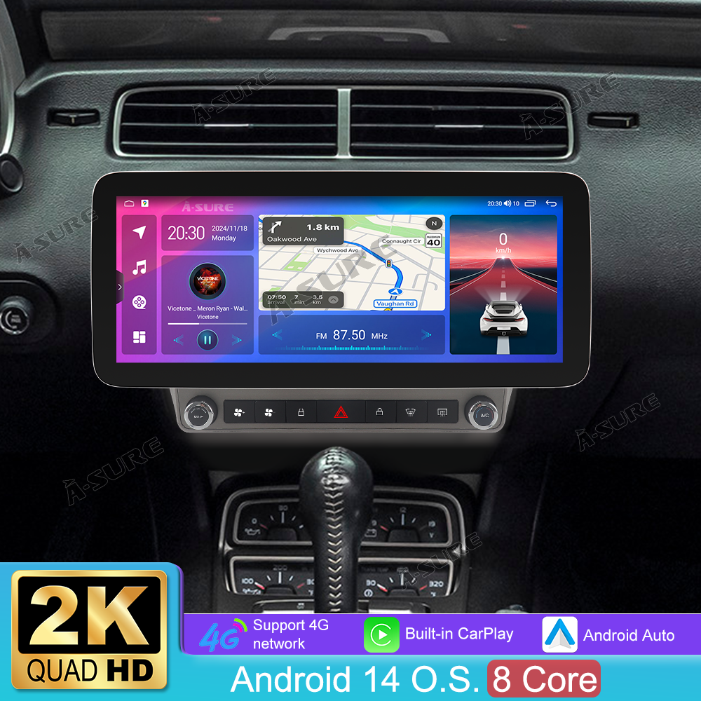 12,3 Zoll 8-Kern 4+64GB Autoradio Android 14 für Chevrolet Camaro MK5 2010-2015, HD 1920x720 IPS Touchscreen kabelloses CarPlay Android Auto GPS-Navigation Bluetooth Wi-Fi DSP FM RDS 4G LTE