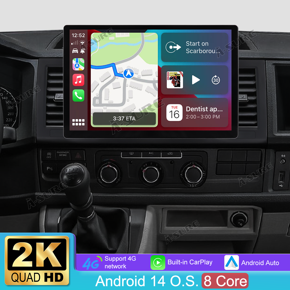 13,1" 8-Kern 4+64GB Autoradio für VW TRANSPORTER T6 2016-2021, Android 14 2K IPS Touchscreen kabelloses CarPlay Android Auto GPS-Navigation Bluetooth Wi-Fi DSP FM RDS 4G LTE Rückfahrkamera