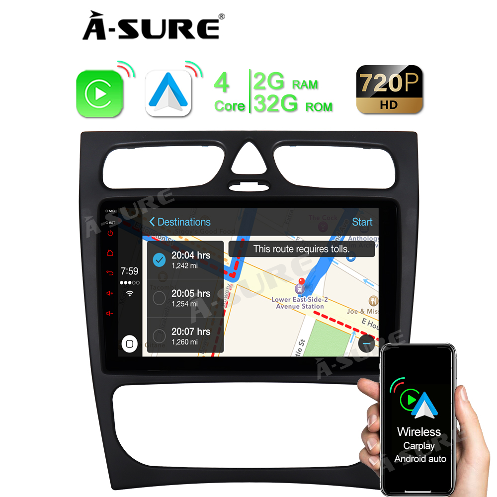9" 2+32GB Android Autoradio DSP GPS Navi Car Radio with Wireless Carplay Android Auto for Mercedes-Benz C-Class W203 2000 2001 2002 2003 2004, Support DSP Wifi Bluetooth 1280x720P Display USB SWC