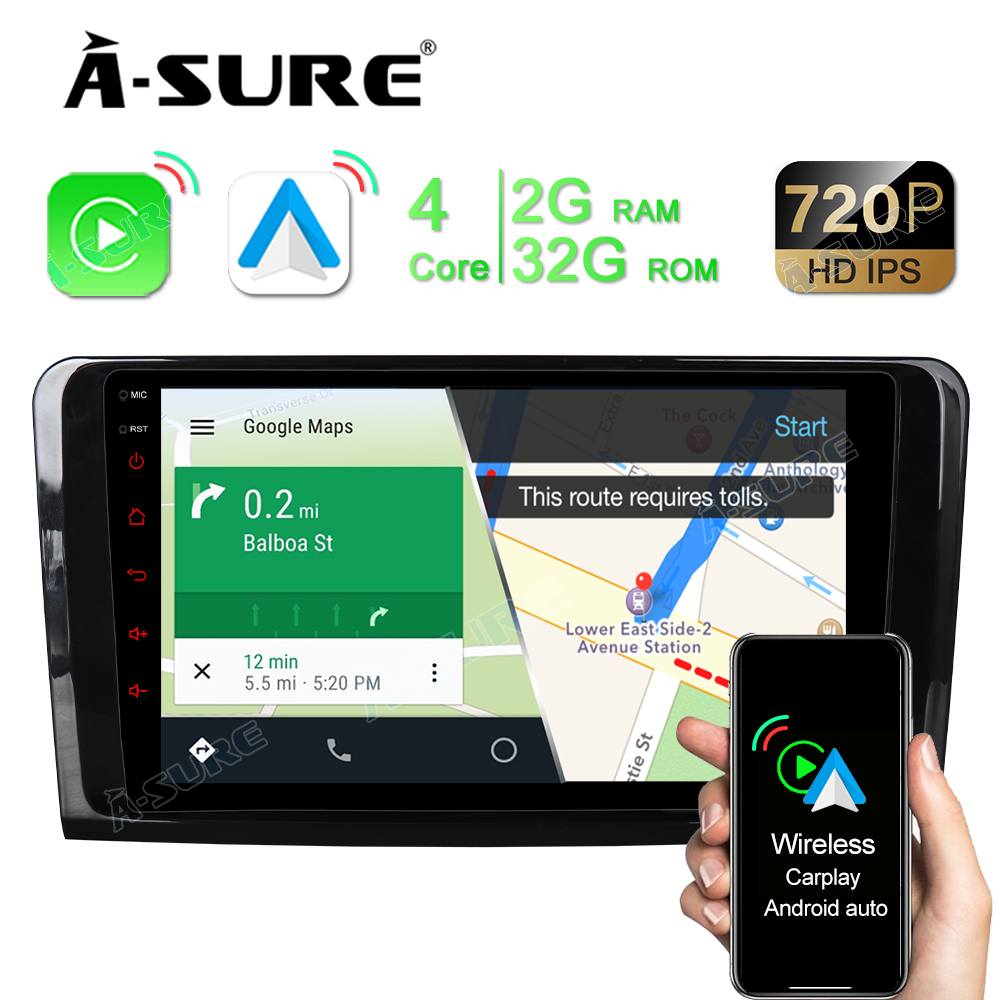 9" 2+32GB Android Autoradio DSP GPS Navi Car Radio with Wireless Carplay Android Auto for Mercedes-Benz M-Class ML-Class W164 (2005–2011), Support DSP Wifi Bluetooth 1280x720P Display USB SWC