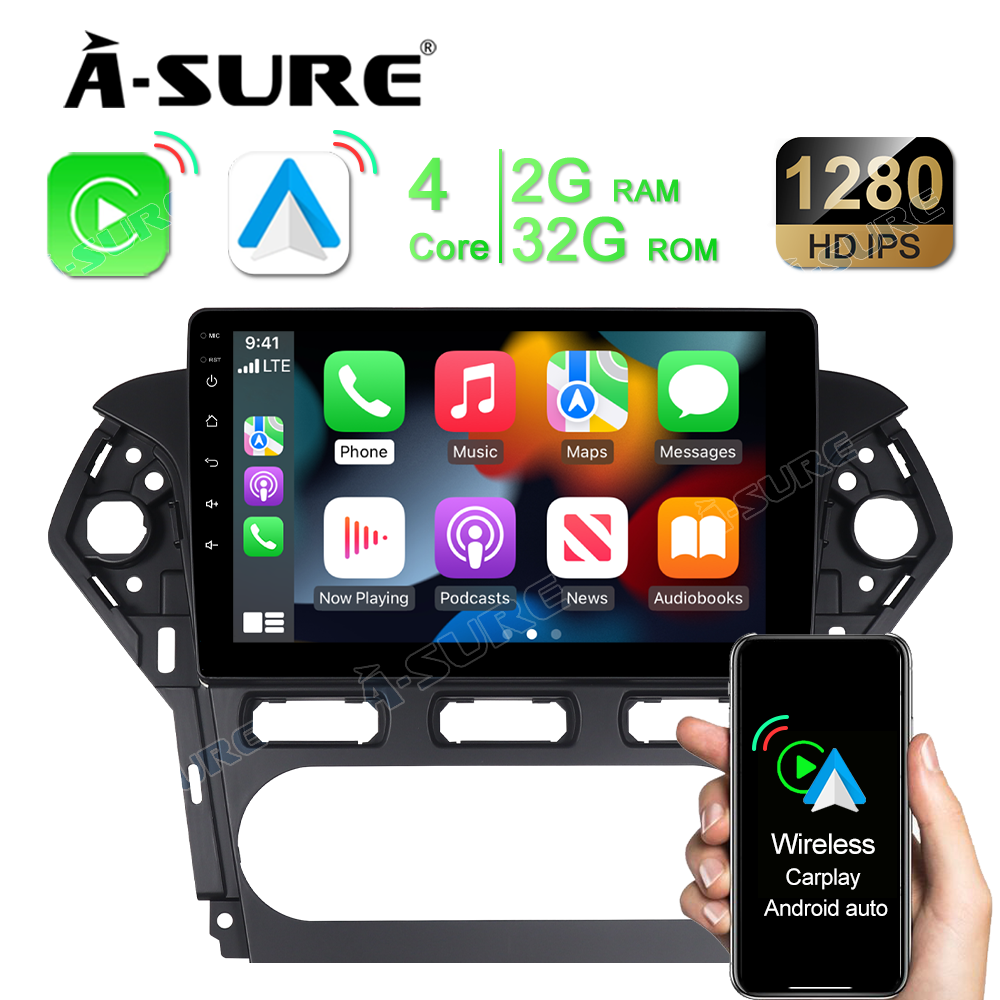 Android Autoradio for Ford Mondeo 2011-2013 10.1 Inch Bluetooth Car Stereo with Wireless Carplay Android Auto Touch Screen Radio GPS Navigator Supports Steering Wheel Control WiFi USB