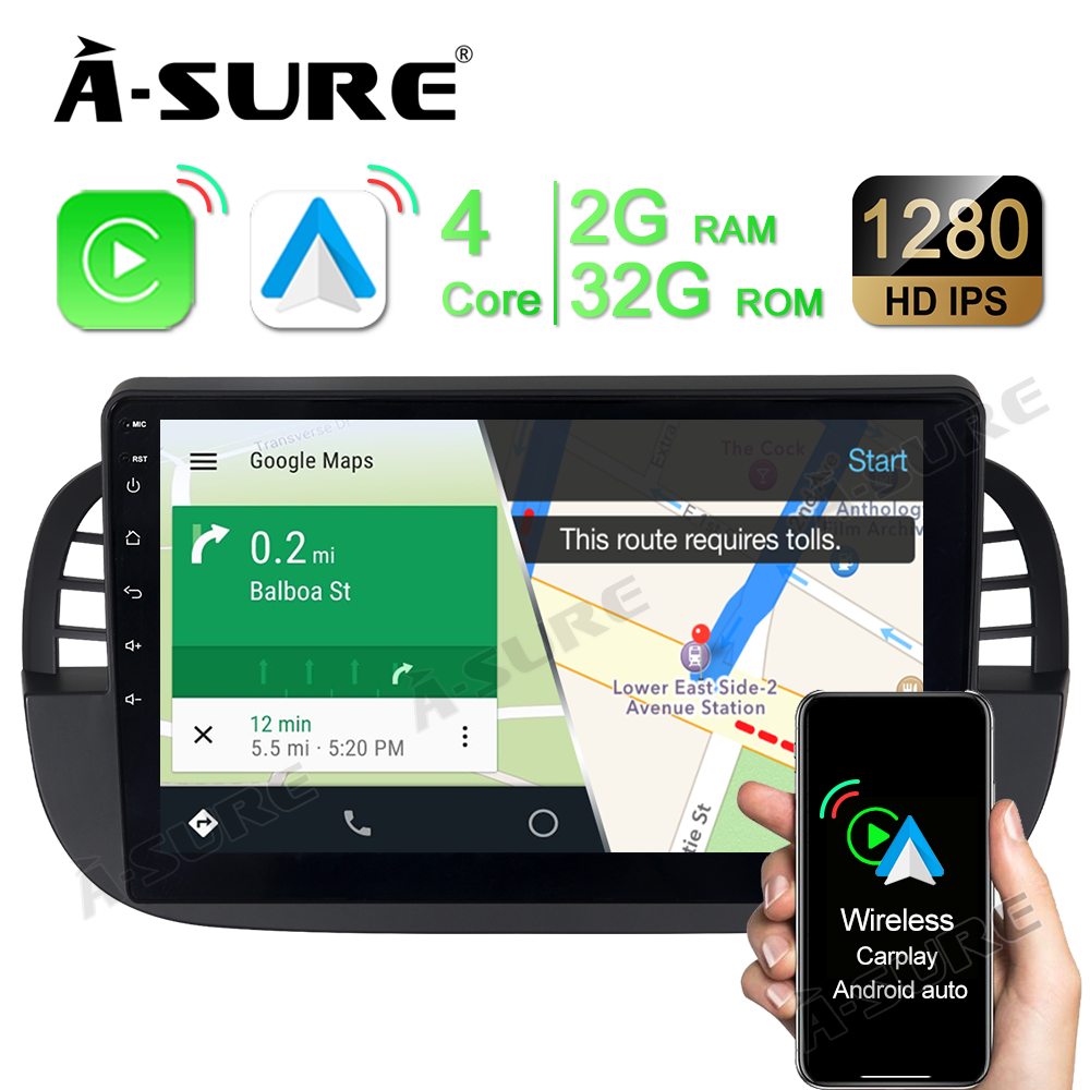 Android Autoradio for Fiat 500 500C 2007-2015 9 Inch Car Stereo with GPS Navigation Wireless Carplay Android Auto Touch Screen Wifi Bluetooth Screen Multimedia Radio SWC 2 + 32GB Black