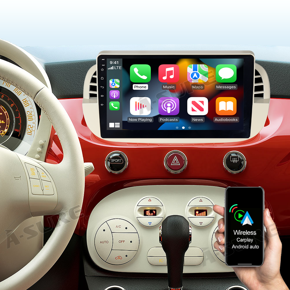 Android Autoradio for Fiat 500 500C 2007-2015 9 Inch Car Stereo with GPS Navigation Wireless Carplay Android Auto Touch Screen Wifi Bluetooth Screen Multimedia Radio SWC 2 + 32GB White