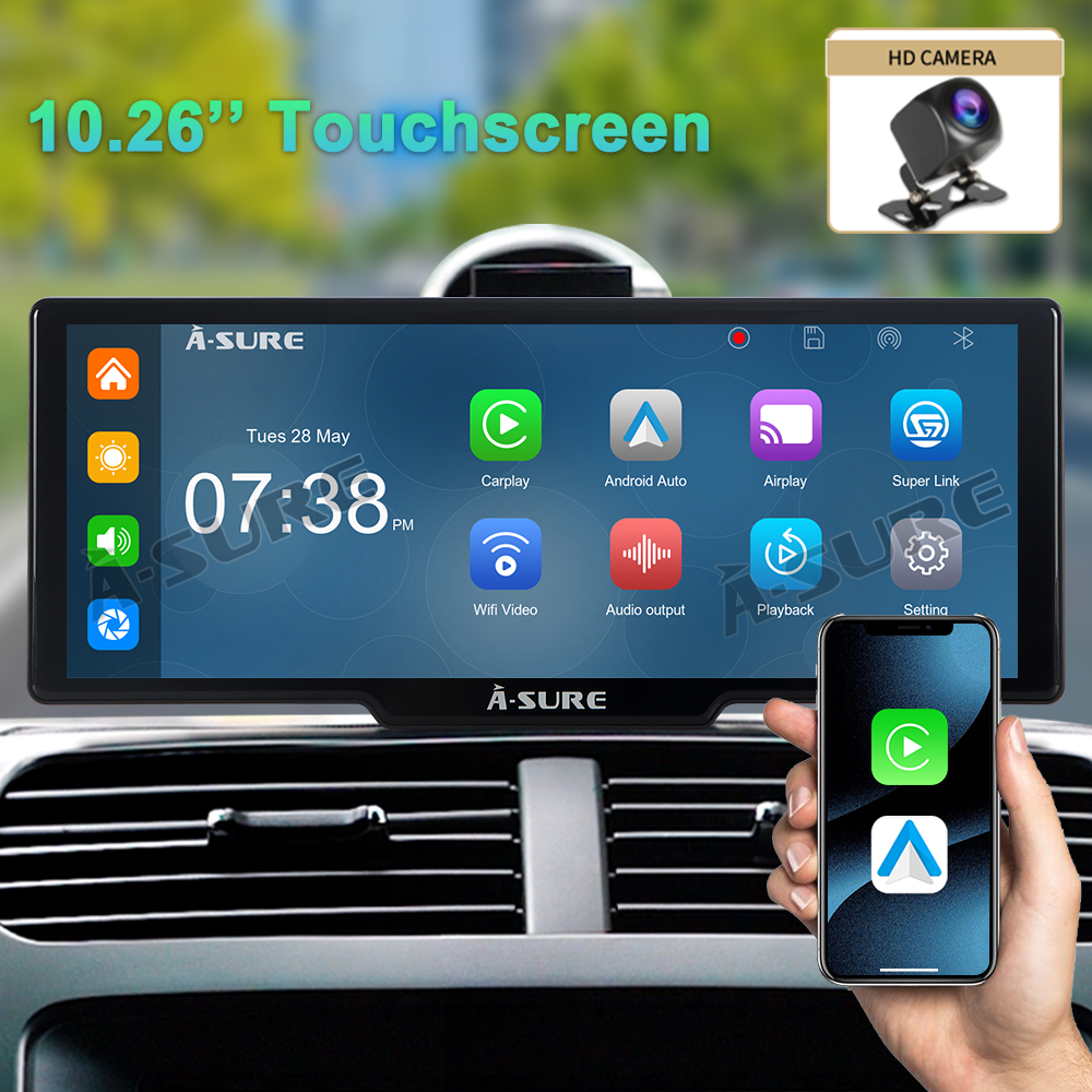 Tragbares Autoradio zur Armaturenbrettmontage mit 4K-Dashcam und 1080P-Rückfahrkamera – Kabelloses Apple CarPlay und Android Auto – 10,26-Zoll-HD-Touchscreen, Bluetooth, GPS, Navi, Sprachsteuerung, universell