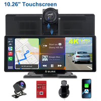 Tragbares Autoradio zur Armaturenbrettmontage mit 4K-Dashcam und 1080P-Rückfahrkamera – Kabelloses Apple CarPlay und Android Auto – 10,26-Zoll-HD-Touchscreen, Bluetooth, GPS, Navi, Sprachsteuerung, universell