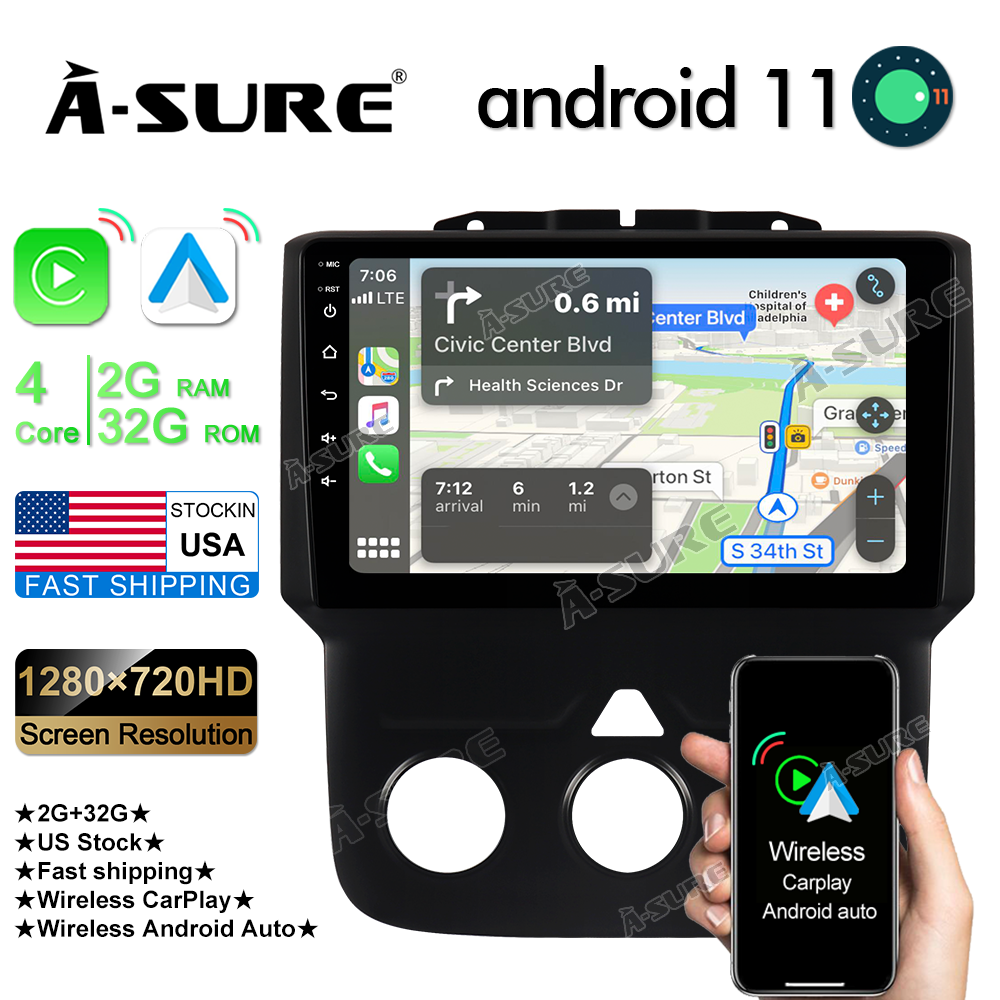 for Dodge Ram Pickup 2013-2018 w/ Manual A/C 2GB+32GB Wireless Carplay Android 11 Car Stereo Radio