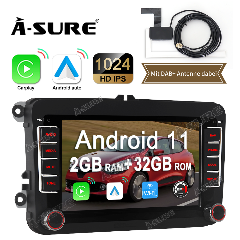 A-Sure 7" DAB+ Android 11 2GB RAM+32GB ROM Autoradio  NAVI RADIO GPS BT für VW Golf 5 6 V VI Plus Variant Passat 3C2 Polo 6R Caddy Touran Tiguan Scirocco Amarok Skoda Yeti SEAT Leon II