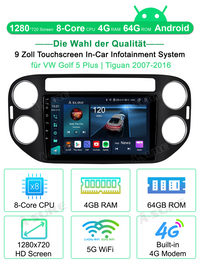 8 Kerne 4+64GB Android 14 CarPlay GPS Autoradio Für VW Tiguan 5N Golf Plus Unterstützung 4G LTE Bluetooth WiFi DAB+ USB DSP FM RDS Rückfahrkamera Lenkradsteuerung