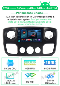 8-Core 4+64GB Android 13 CarPlay Stereoradio GPS Navi für 2010-2018 Vauxhall Movano B / Renault Master / Nissan NV400, unterstützt 4G LTE, WLAN, Bluetooth, USB, DSP, RDS