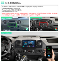 8-Core 4+64GB Android 13 CarPlay Stereoradio GPS Navi für 2010-2018 Vauxhall Movano B / Renault Master / Nissan NV400, unterstützt 4G LTE, WLAN, Bluetooth, USB, DSP, RDS