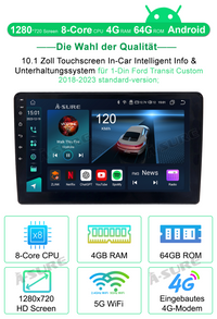 10,1 Zoll 8-Kern 4+64GB Android 14 Autoradio für 1-Din Ford Transit Custom 2018-2023, GPS Navi Kabelloses CarPlay Android Auto Rückfahrkamera DAB 4G LTE Bluetooth Wi-Fi SWC DSP FM RDS USB