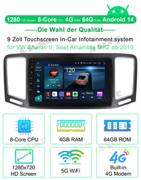 8-core 4+64GB Android 14 GPS Navi Car Radio for VW Sharan ll Seat Alhambra MK2 (from 2010) Wireless CarPlay Android Auto 4G LTE Bluetooth WIFI DSP RDS 1280HD