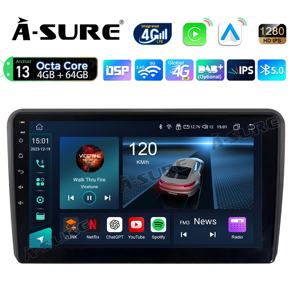 4+64GB Android 13 Autoradio Carplay 8-Core für AUDI A3 S3 RS3 8P 8V Bose GPS Navi WiFi BT DSP ChatGPT