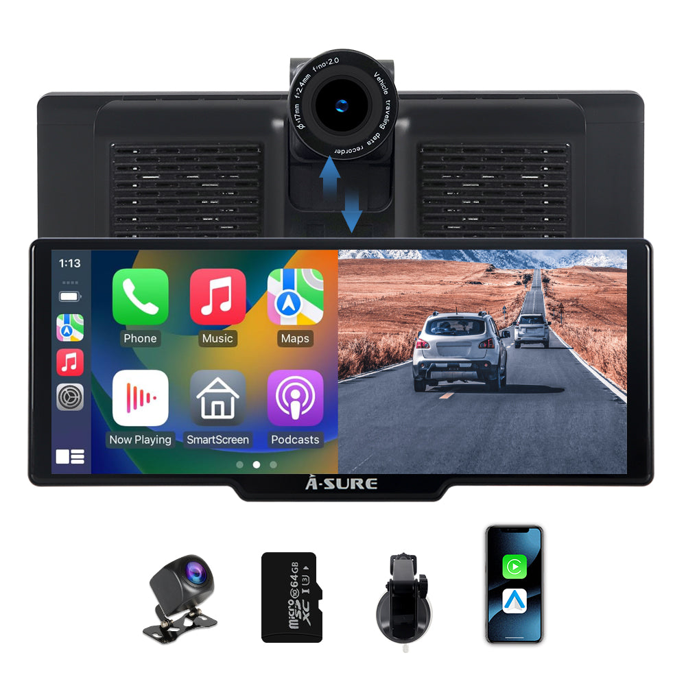 9,26 Zoll Auto Display mit Drahtlosem CarPlay & Android Auto – 4K Dashcam, 1080P Rückfahrkamera, Touchscreen – Tragbares CarPlay Bildschirm für Auto, SUV, LKW, 64GB TF Karte