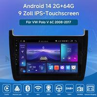9 Zoll 2+64GB Android 14 Autoradio für VW Polo V 6C 2008-2017 mit 1280HD IPS Touchscreen kabelloses CarPlay Android Auto GPS-Navigation Bluetooth 5.0 Wi-Fi DSP USB Rückfahrkamera