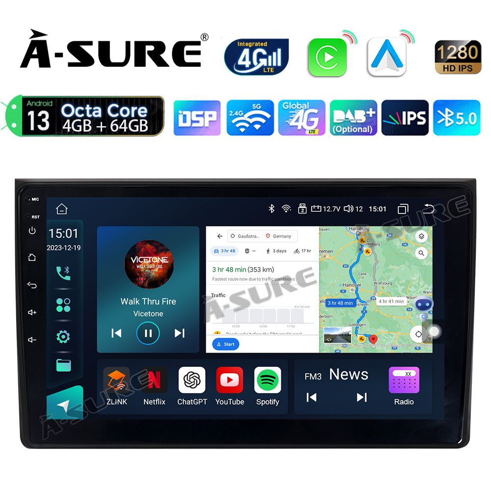 4+64GB Android 13 Autoradio CarPlay GPS Navi für Audi A4 S4 RS4 B6 B7 BOSE WIFI BT DSP ChatGPT