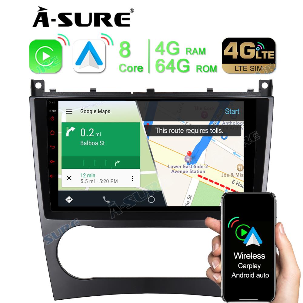 4G LTE Android 10 Autoradio Navi 4+64GB Carplay für Mercedes Benz C-Klasse W203