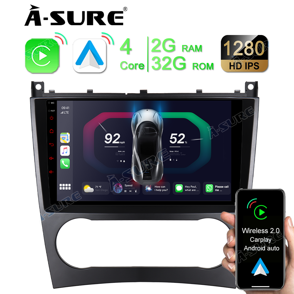 A-Sure 2+32GB Android 12 Autoradio 9‘’ GPS Navi für Mercedes Benz C/CLC Klasse W203 2004-2007