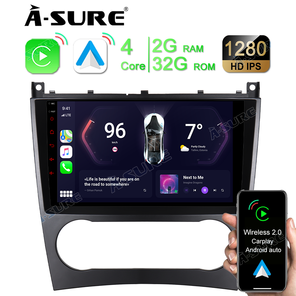 A-Sure 2+32GB Android 12 Autoradio GPS Navi für Mercedes Benz C/CLC Klasse W203 2004-2007