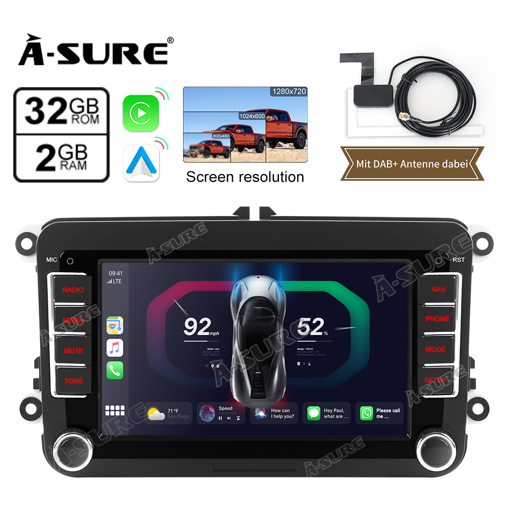 A-Sure Android 11 Radio Für VW Golf 5 6 Plus Touran Passat DAB+ Navi GPS Autoradio