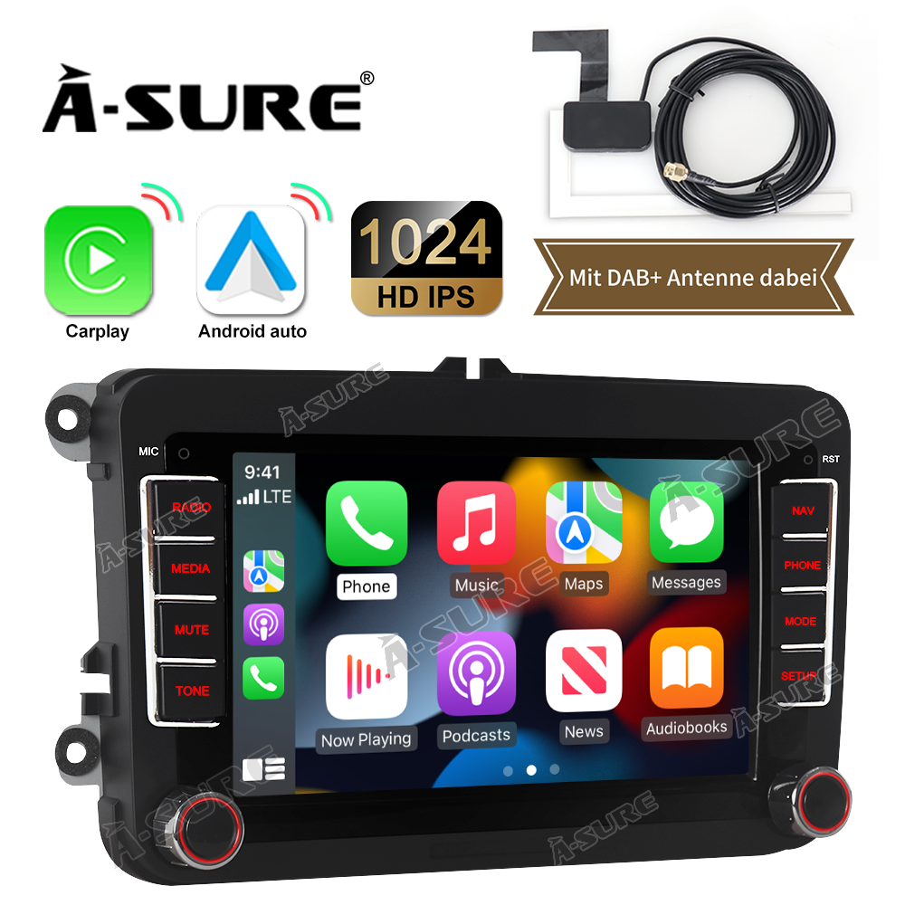 A-Sure 7'' Android 11 AutoRadio Carplay 2+32G DAB+ Navi GPS für VW Golf 5 6 Polo EOS Passat