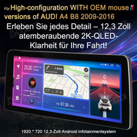 12,3 Zoll 8-Kern 4+64GB Autoradio für Hochkonfigurationsversionen (MIT OEM-Maus) von AUDI A4/S4 B8 (2009-2016), AUDI RS4 B8 (2012-2015), Android 14 2K QLED IPS Touchscreen kabelloses CarPlay Android Auto GPS-Navigation Bluetooth Wi-Fi 4G LTE DSP FM RDS