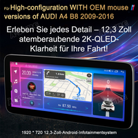 12,3 Zoll 8-Kern 4+64GB Android 14 Autoradio für Hochkonfigurationsversionen (MIT OEM-Maus) von AUDI A4/S4 B8 (2009-2016), AUDI RS4 B8 (2012-2015), 2K QLED IPS Touchscreen Apple CarPlay Android Auto GPS-Navigation Bluetooth Wi-Fi 4G LTE DSP FM RDS