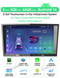 4+64GB 8-Kern Android 14 Autoradio für Opel Corsa/Corsa D/Zafira B/Astra H/Antara/Vectra C/Meriva, 1280HD IPS Touchscreen kabelloses CarPlay Android Auto 4G LTE GPS-Navigation Bluetooth 5.0 Wi-Fi DSP RDS USB Rückfahrkamera
