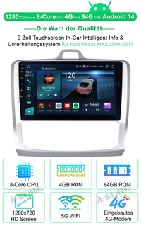8-Kern 4+64GB Android 14 Autoradio für Ford Focus MK2 2004-2011, 9 Zoll 1280HD IPS Touchscreen kabelloses CarPlay Android Auto 4G LTE GPS-Navigation Bluetooth 5.0 Wi-Fi DSP FM RDS USB Rückfahrkamera