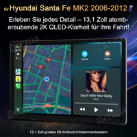 13,1 Zoll 8-Kern Android 14 4+64GB Autoradio für Hyundai Santa Fe 2006-2012, 2K QLED IPS Touchscreen kabelloses CarPlay Android Auto 4G LTE GPS-Navigation Bluetooth Wi-Fi DSP FM RDS USB Rückfahrkamera