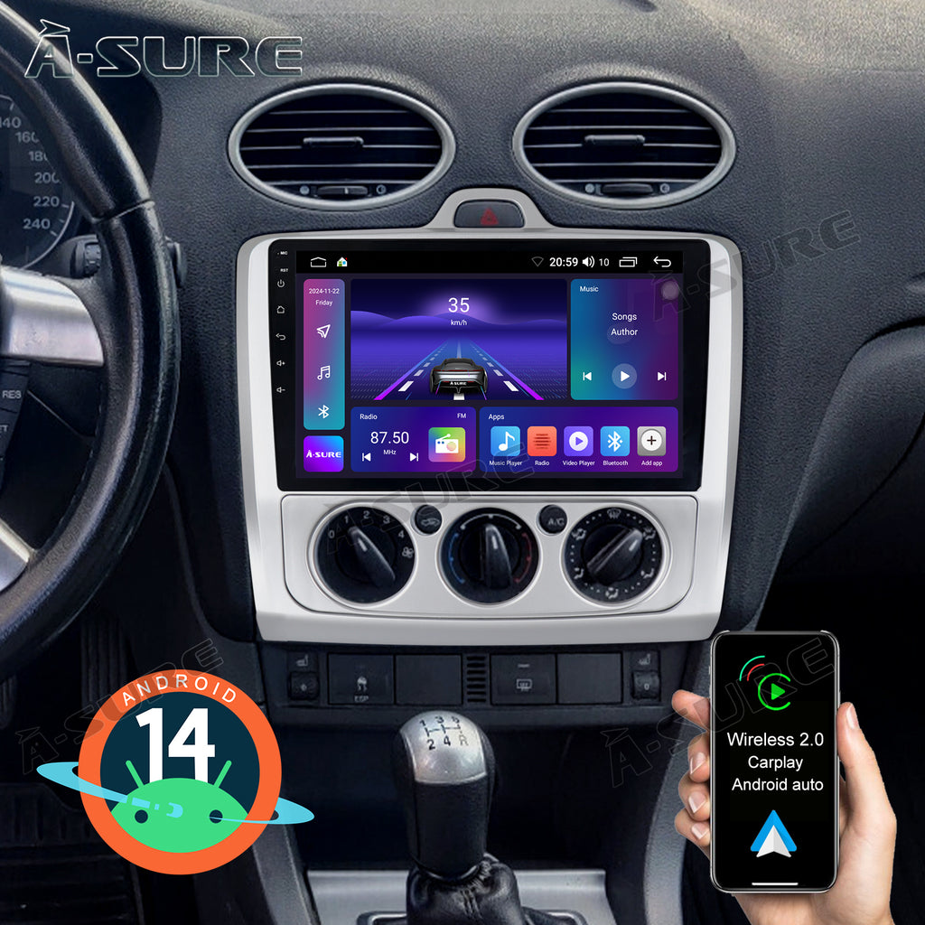 9 Zoll 2+64GB Android 14 Autoradio für Ford Focus MK2 2004-2011, 1280x800 IPS Touchscreen kabelloses CarPlay Android Auto GPS-Navigation Lenkradsteuerung Bluetooth 5.0 Wi-Fi DSP FM RDS USB