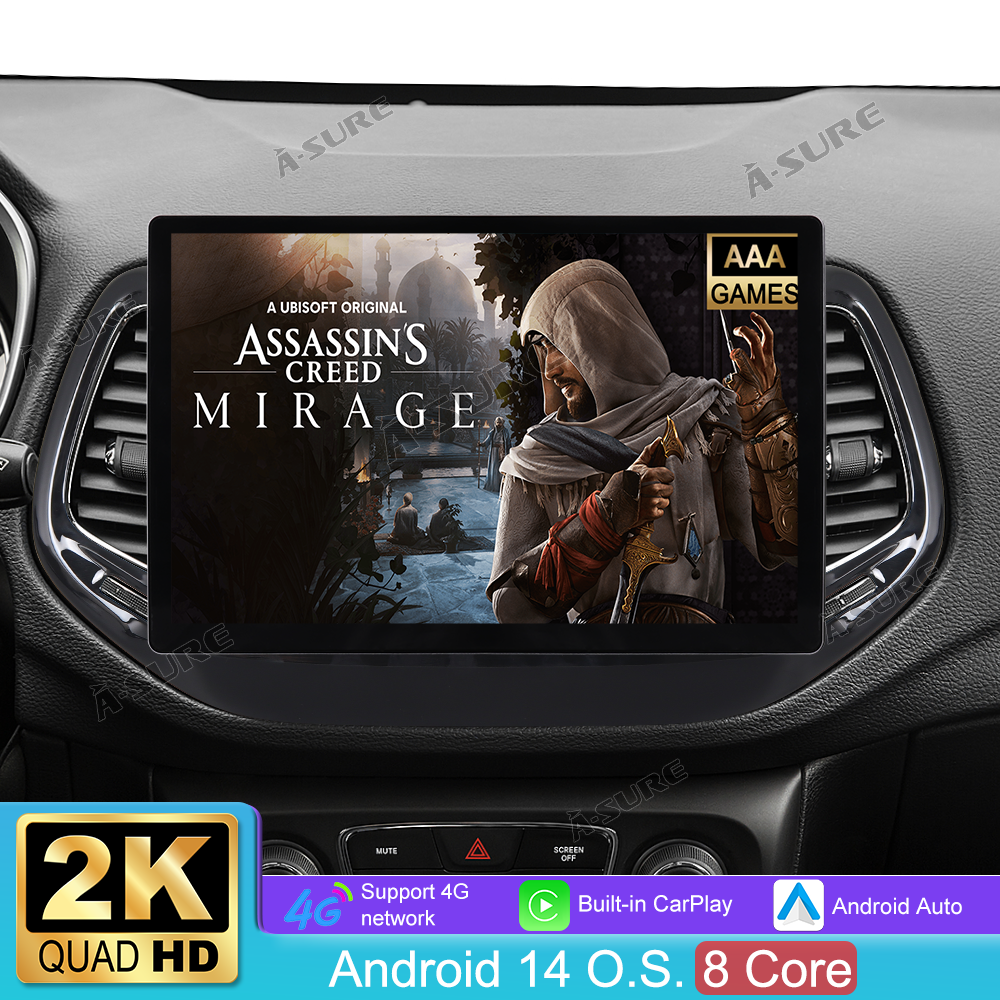 13,1" 8-Kern 4+64GB Android 14 Autoradio für Jeep Compass 2017-2020, 2K IPS Touchscreen Rückfahrkamera kabelloses CarPlay Android Auto GPS-Navigation Bluetooth 5.1 Wi-Fi DSP FM RDS 4G LTE