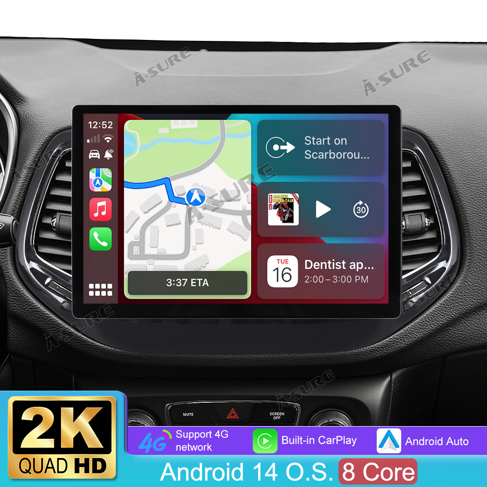 13,1" 8-Kern 4+64GB Android 14 Autoradio für Jeep Compass 2017-2020, 2K IPS Touchscreen kabelloses CarPlay Android Auto GPS-Navigation Bluetooth 5.1 Wi-Fi DSP FM RDS 4G LTE