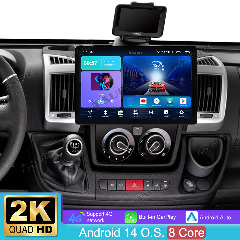 13,1 Zoll 8-Kern 4+64GB Autoradio für 2-Din Fiat Ducato/Peugeot Boxer/Citroen Jumper ll/Citroen Relay, Android 14 2K IPS Touchscreen Rückfahrkamera kabelloses CarPlay Android Auto GPS-Navigation Bluetooth 5.0 Wi-Fi 4G LTE DSP FM RDS USB Lenkradsteuerung