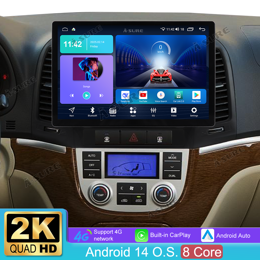 13,1 Zoll 8-Kern Android 14 4+64GB Autoradio für Hyundai Santa Fe 2006-2012, 2K QLED IPS Touchscreen kabelloses CarPlay Android Auto 4G LTE GPS-Navigation Bluetooth Wi-Fi DSP FM RDS USB