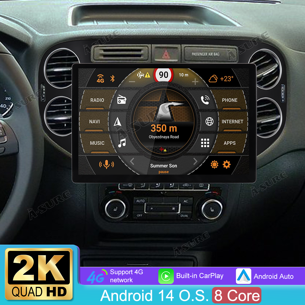 13,1 Zoll 8-Kern Android 14 4+64GB Autoradio für VW Golf Plus 2004-2013/VW Tiguan 2007-2016, 2K QLED IPS Touchscreen kabelloses CarPlay Android Auto 4G LTE GPS-Navigation Bluetooth Wi-Fi DSP FM RDS USB