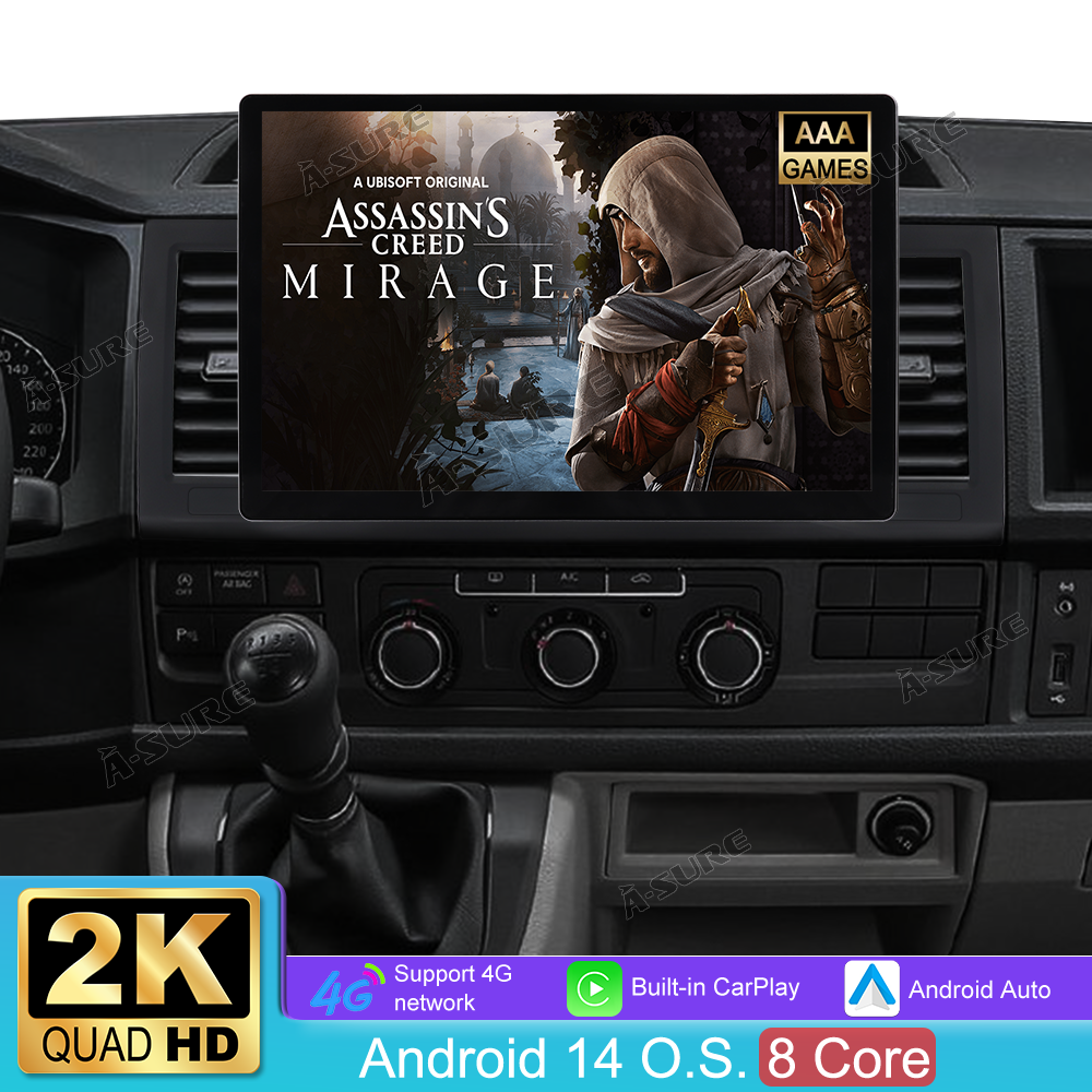13,1" 8-Kern 4+64GB Autoradio für VW TRANSPORTER T6 2016-2021, Android 14 2K IPS Touchscreen kabelloses CarPlay Android Auto GPS-Navigation Bluetooth Wi-Fi DSP FM RDS 4G LTE