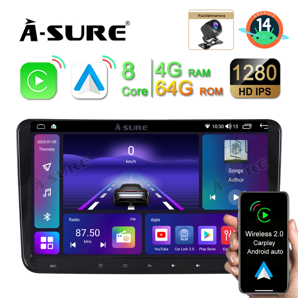 9 Zoll 4+64GB 8-Kern Android 14 Autoradio für VW Passat B6 B7 CC/Polo MK5 6/Golf 5 6 Plus/Tiguan/Touran/Sharan/EOS/Beetle, 1280HD IPS Touchscreen kabelloses CarPlay Android Auto 4G LTE GPS-Navigation Bluetooth 5.0 Wi-Fi DSP FM RDS USB Rückfahrkamera