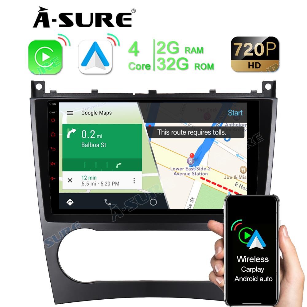 9" 2+32GB Android Autoradio DSP GPS Navi Car Radio with Wireless Carplay Android Auto for Mercedes-Benz C-Class W203 2004 2005 2006 2007, Support DSP Wifi Bluetooth 1280x720P Display USB SWC